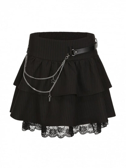 Skirt Size Embroidered Y2K Floral Trim Tiered Lace with Striped Gothic Black Plus