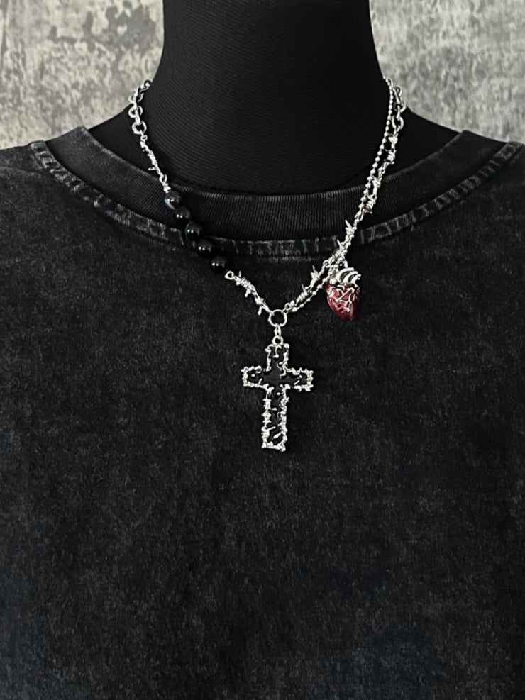 シルバークロスサンドハートペンダントソーンネックレス