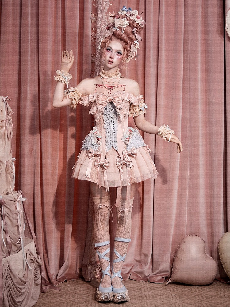 Strawberry Mousse Rococo Corset Top with Detachable Chest Bow and Shoulder Straps - Blood Supply
