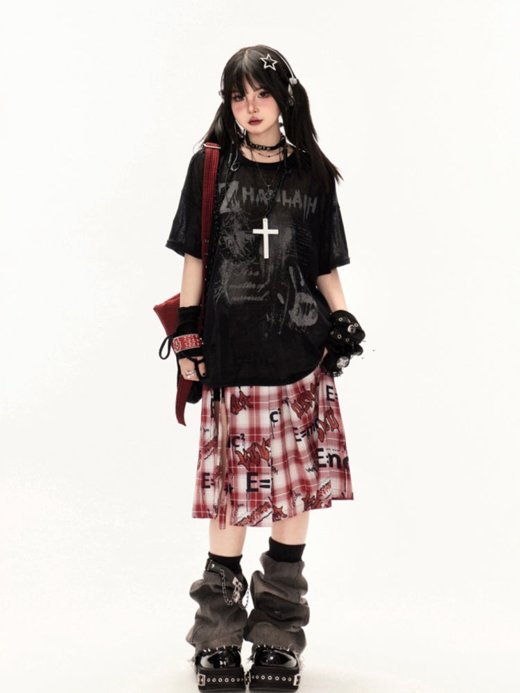 Coverup White/Black Round Neck Punk Print Semi-sheer