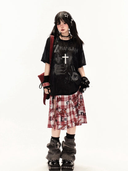 Coverup White/Black Round Neck Punk Print Semi-sheer