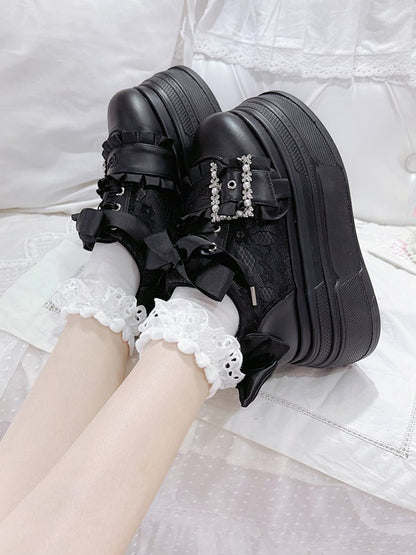 Jirai Accents Kei Shoes Black Bow Buckle Design Beaded Platforms
