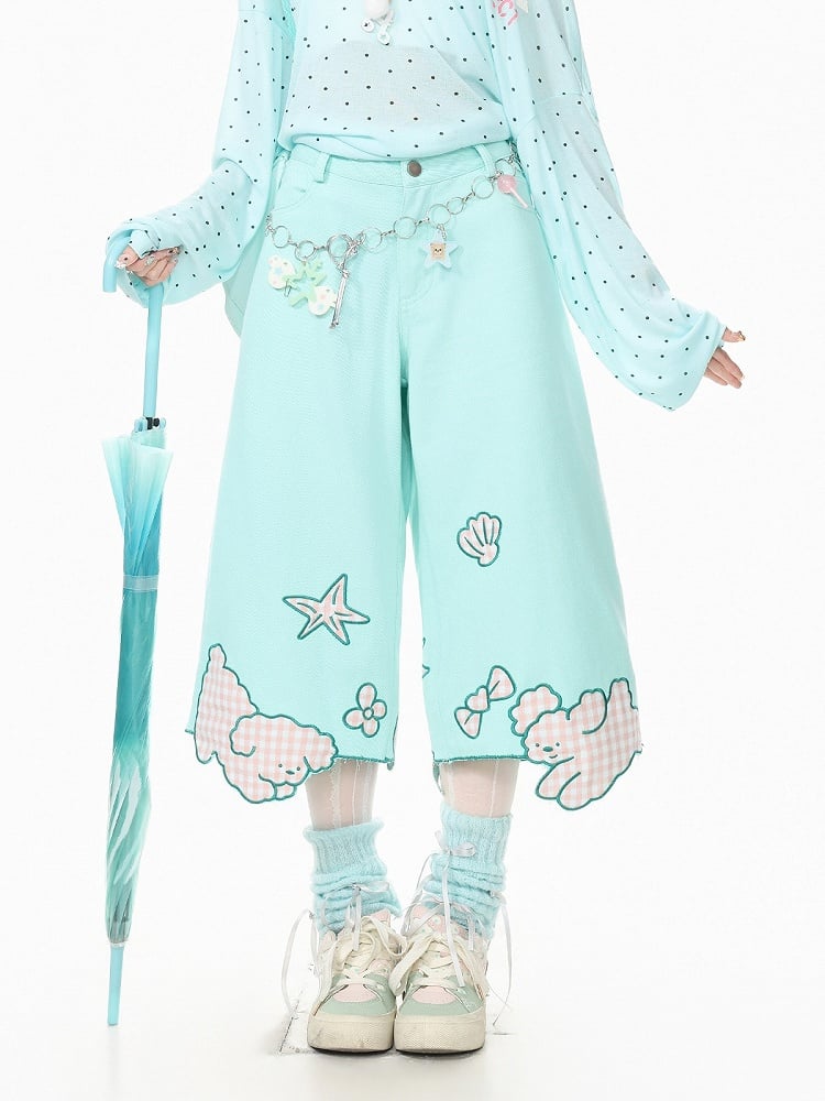 Green Cropped Wide-Leg Puppy Jeans - Languid Park