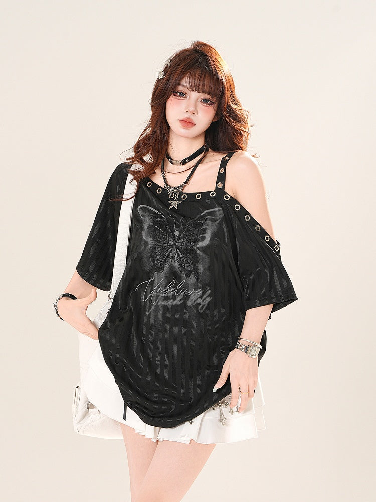 ストライプTシャツ アシンメトリーネックライン バタフライプリント ブラック/ホワイト