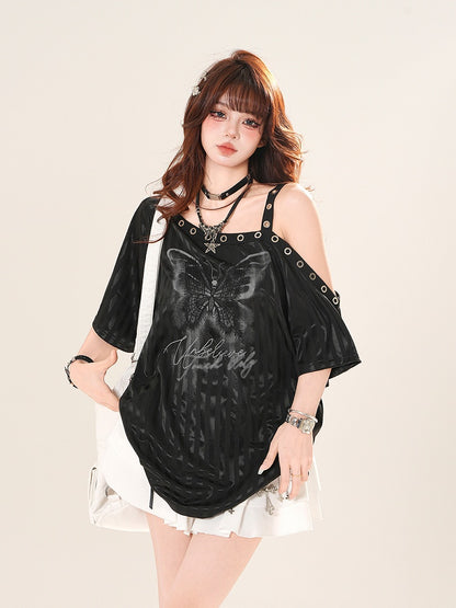 ストライプTシャツ アシンメトリーネックライン バタフライプリント ブラック/ホワイト