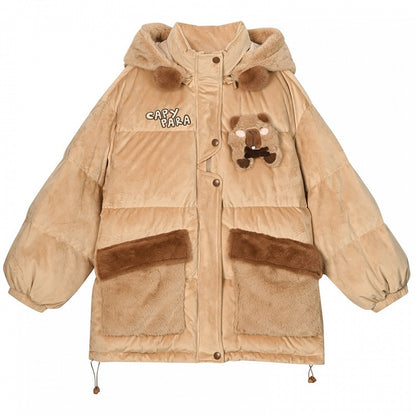 Khaki Cute Capybara Adorned Hooded Down Jacket Detachable Hood