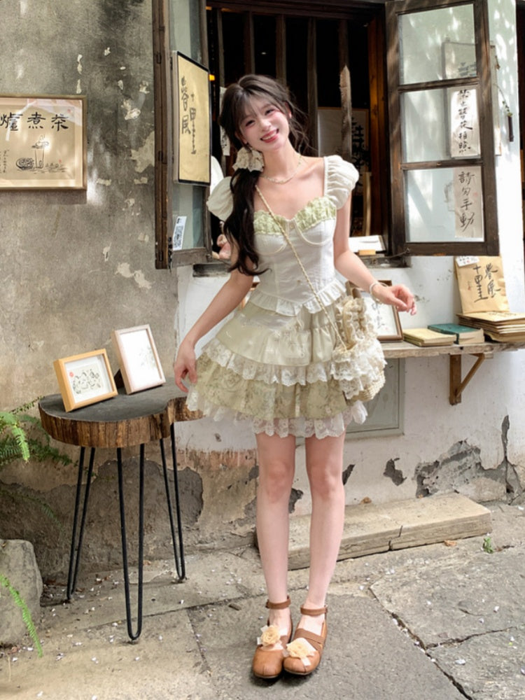 ライトヴィンテージプリントレーストリムティアードスカート グリーン 伸縮性ウエスト