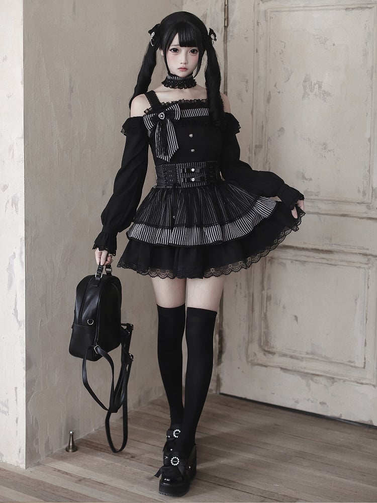 High-Waist / Kei Black Skirt Sweet Jirai Dark Striped Tiered Top Off-Shoulder