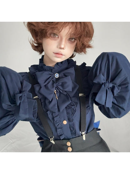 4-Piece Ouji Lolita Ensemble Blue & Black Vest Blouse Shorts Set - Castle Too