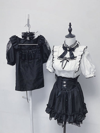 Outfit Cutout Schwarze Kei Bluse Halskorsett - und Square Shoulder Rock Schnürung Weißer Jirai