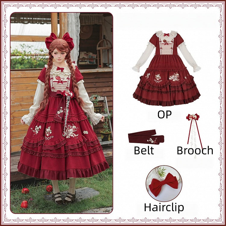 Wine Red Apple Embroidered OP Dress Set with Peter Pan Collar, Long Sleeves, Ruffle Trim, Belt, Brooch & Bow Hairclip - With PUJI