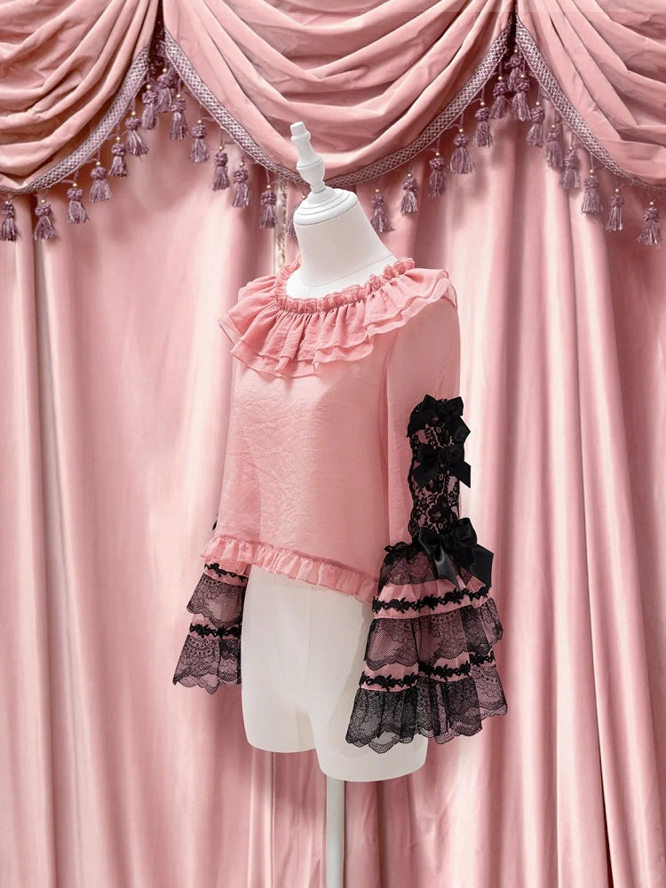 Accents Lolita Bow Blouse Pink Sleeves Black with Lace and Bell