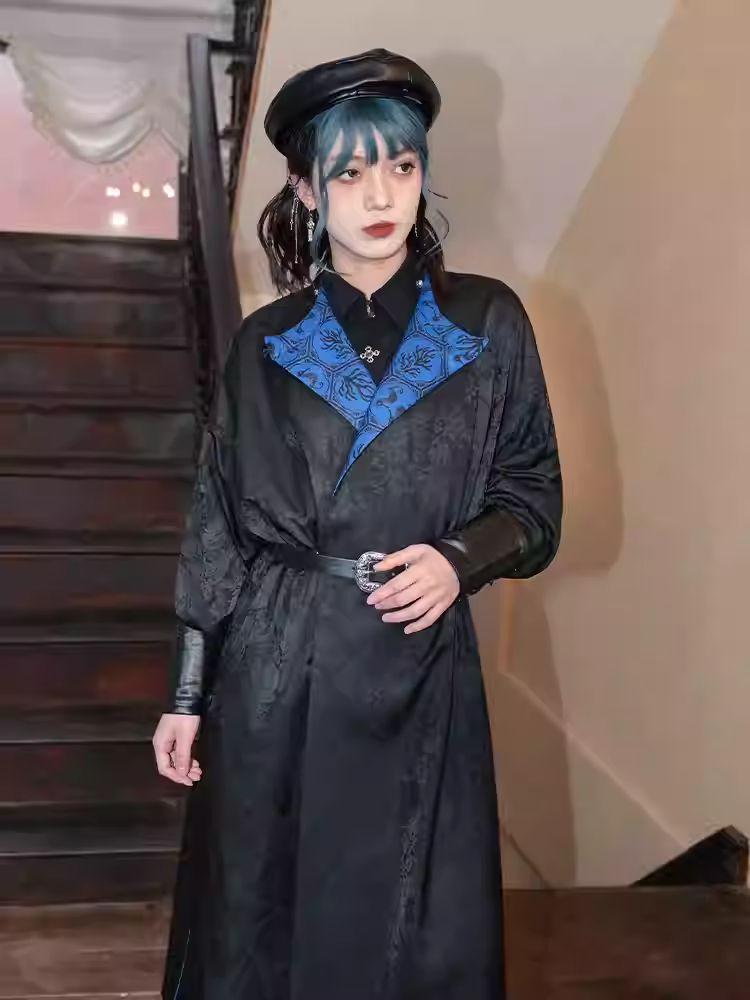 Cheongsam Style Long Coat Print and Blue Coral Black Jacquard Seahorses Reversible