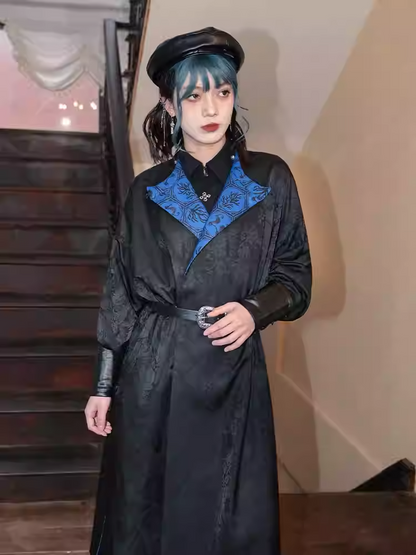 Cheongsam Style Long Coat Print and Blue Coral Black Jacquard Seahorses Reversible