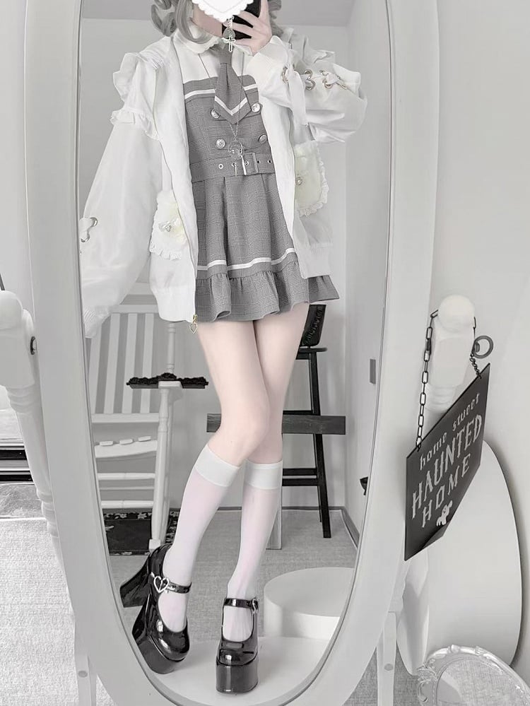 White Jirai Kei Plush Bunny Ear Jacket with Sleeve Lace-Up Detail & Decorative Crossed Pins Back