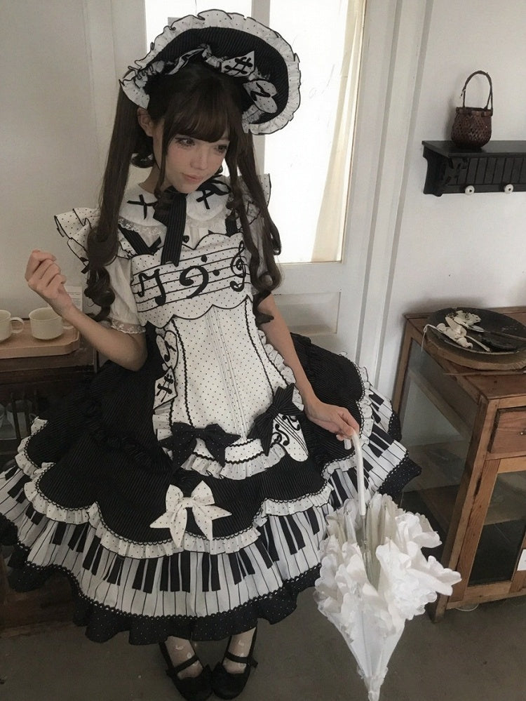 Note-Embroidered JSK with Apron and Bow Train - Alice in Wonderland Lolita