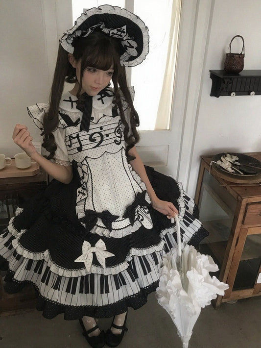 Note-Embroidered JSK with Apron and Bow Train - Alice in Wonderland Lolita