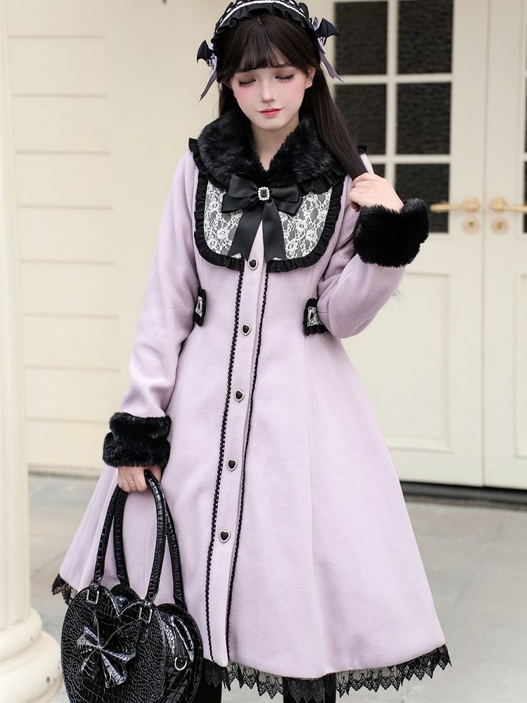 Jirai Black Purple Kei Style Vintage - Waist-Defining Coat with Collar Plush