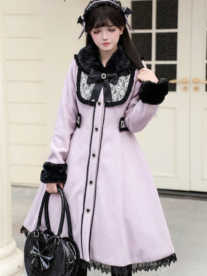 Jirai Black Purple Kei Style Vintage - Waist-Defining Coat with Collar Plush