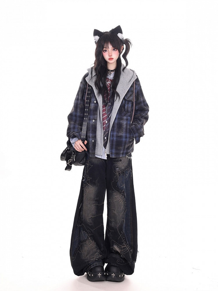 Patchwork and with Rips Vintage Leg Wide Denim Dark Pants Distressed Blue