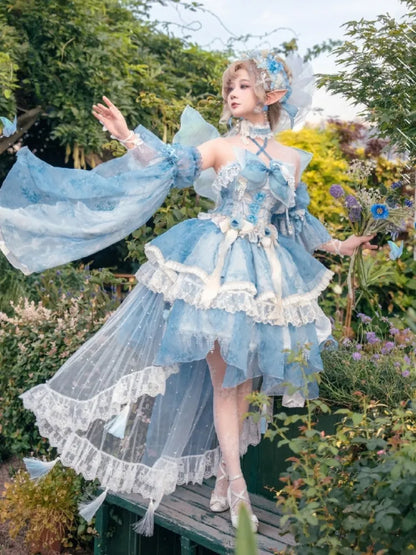Volles Prinzessinnen-Blumen-Schmetterlings-Set-Design, blaues JSK Fairycore-Lolita-Kleid