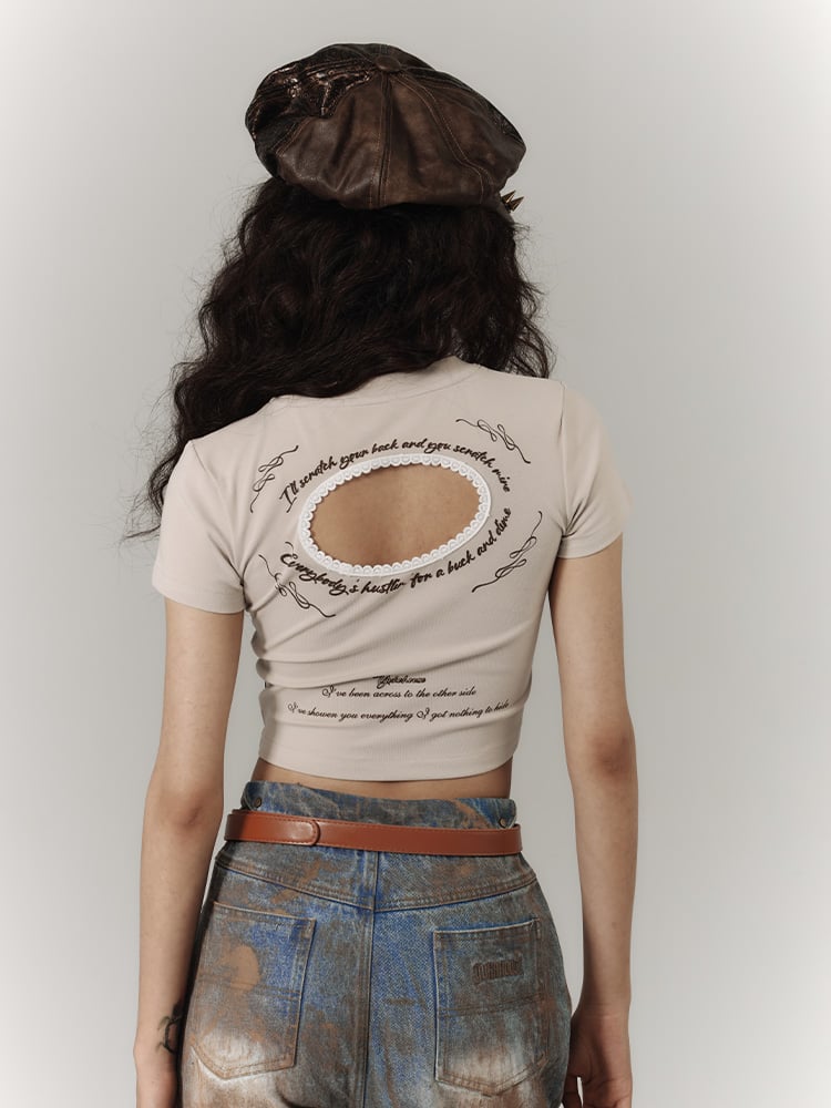 Cropped Lace with Trim Black Bow Punk Cutout Print Khaki T-Shirt Back