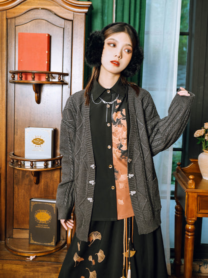 Placket Shirt Ginkgo Panel Orange Cheongsam Button-Down Black Gothic with