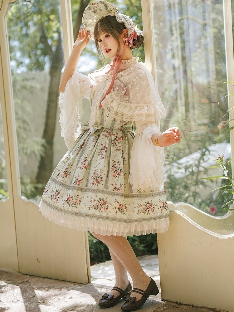 Light Green Box Pleat Skirt Lolita JSK Dress with Floral Print & Back Lace-Up - Miss Cube Dressworks