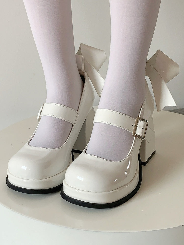 White Lolita Janes Bow at High Straps Heel Back with Buckle Mary Block