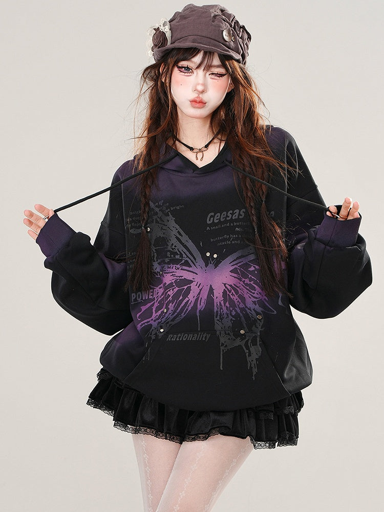 Black/Red Butterfly Tie Dye Loose Hoodie