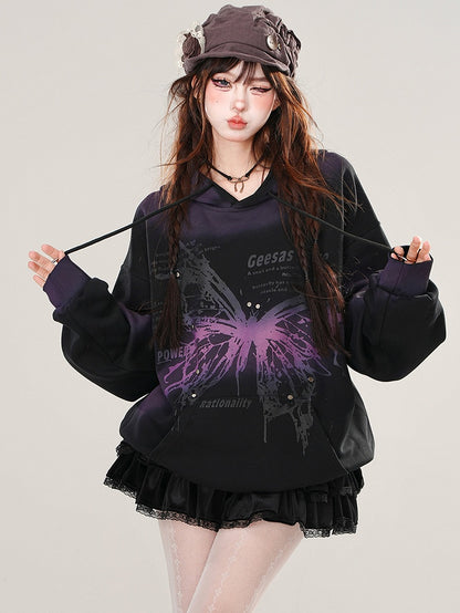 Black/Red Butterfly Tie Dye Loose Hoodie