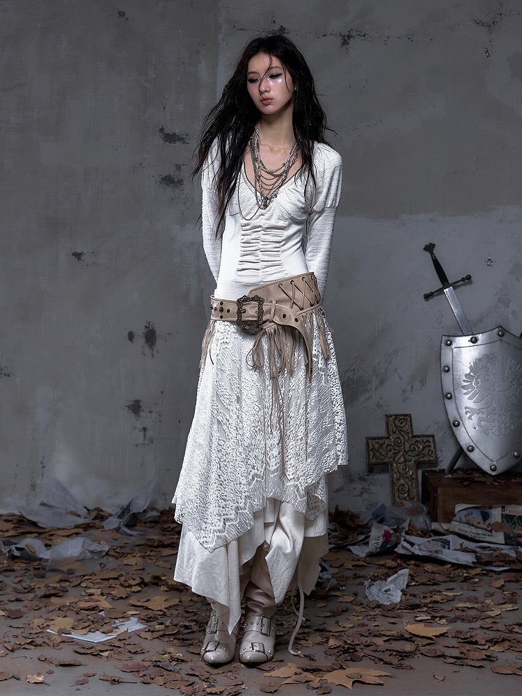 Fringes Lacing with Punk Waist Belt Vintage Crisscross Studded PU Khaki