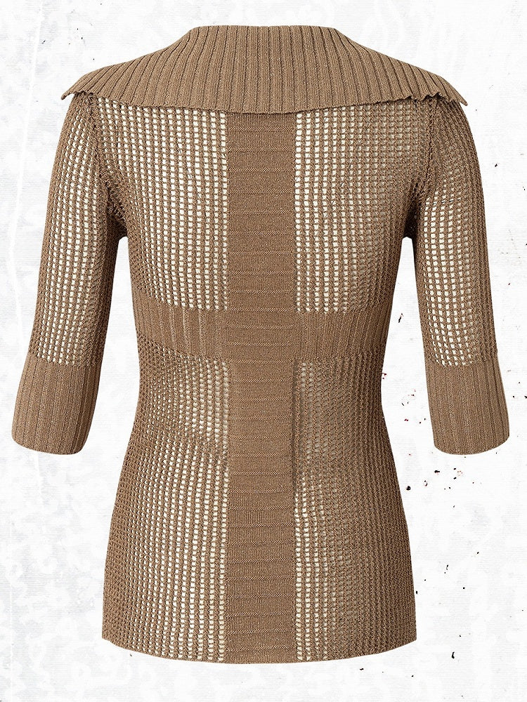 Pink-Brown Star V-Neck Knit Top with Hollow Out - NO ROMANCE