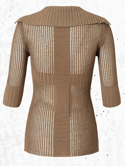 Pink-Brown Star V-Neck Knit Top with Hollow Out - NO ROMANCE