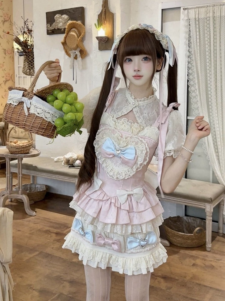 Rock Lolita + Akzente Puff Pink Volle Ärmel und Set Cami Sweet - Top Cropped Bow Blue