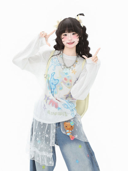 Sun Protection Long Top Vibrant Loose-Fit White/Green Sleeve Print