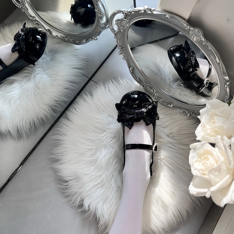 Flat Black Sweet Lolita Mary Jane Shoes - Polka-dot Pattern Bow, Delicate Lace & Sparkling Heart Fastener