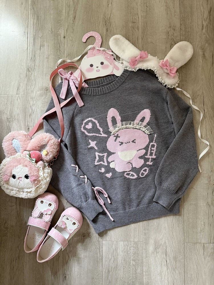 Print Sweater Pink with Gray Lace Off-Shoulder Rabbit