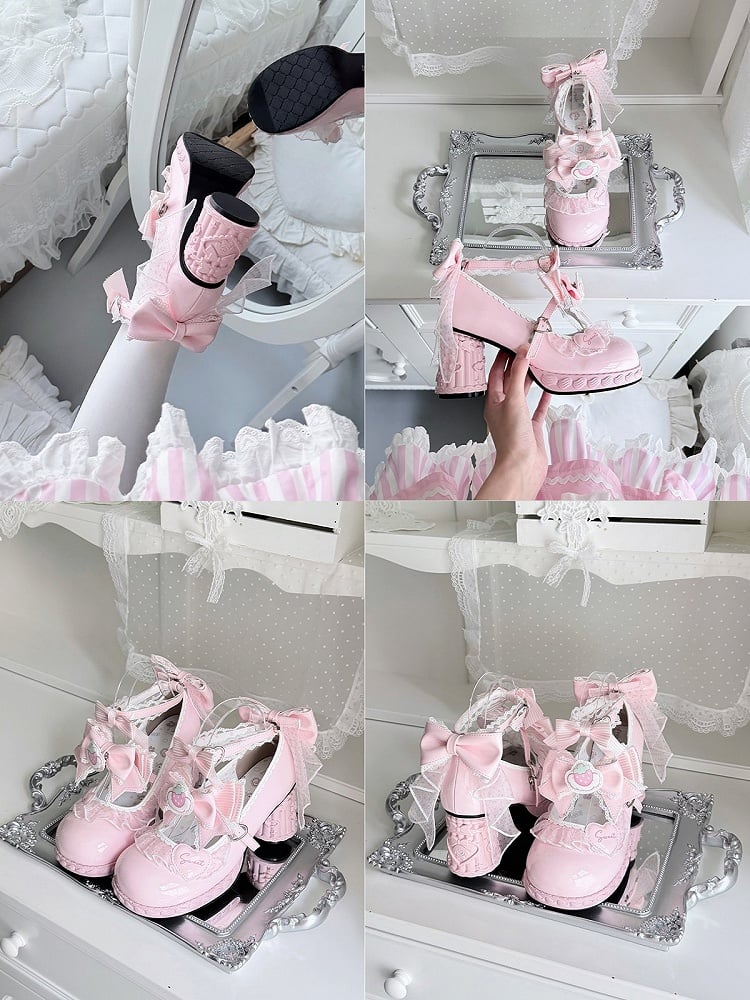 Strawberry Cream Theme Pink Lolita Shoes with Kawaii Heart & Bowknot Decor Heels - Cute Bunny