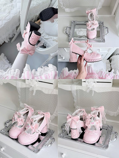 Strawberry Cream Theme Pink Lolita Shoes with Kawaii Heart & Bowknot Decor Heels - Cute Bunny