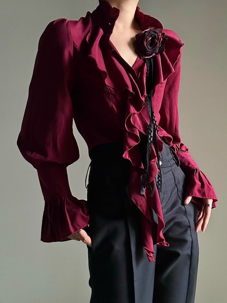 Poet Accents Lolita Vintage Sleeves Unisex Cascading Ouji with Ruffle Shirt Red