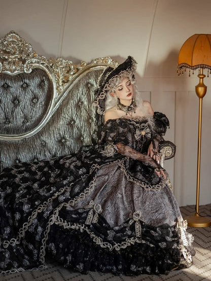 Lolita Gray Long Off-Shoulder Gown Lace Details with Ruffles Version Layered and Hime Hanayome Black Bow