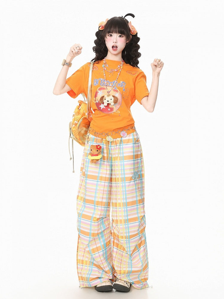 Orange Crew-Neck Tee with Fruit & Star Motif - Languid Park