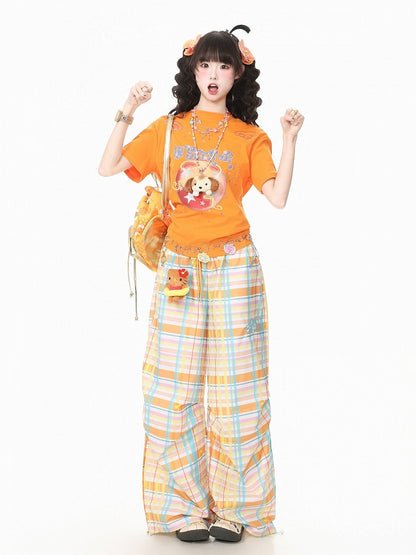 Orange Crew-Neck Tee with Fruit & Star Motif - Languid Park