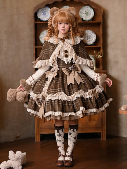 Lolita Apricot JSK Top Autumn/Winter Plaid Reversible Brown + Cape Dress