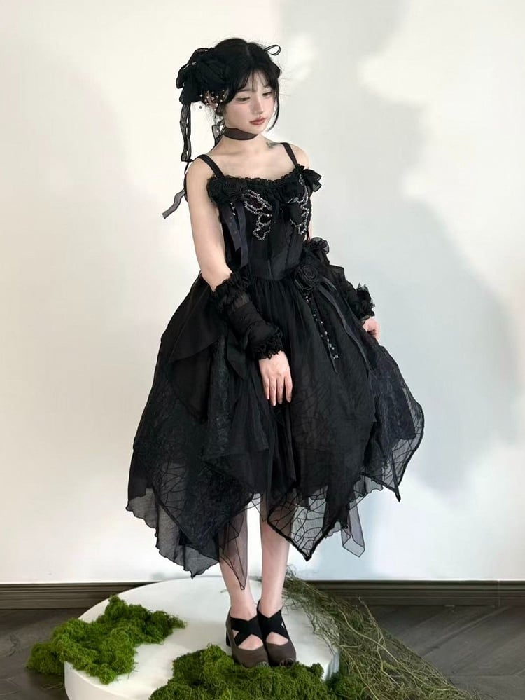 Black Asymmetrical Hem Lolita JSK Gown with Butterfly Rhinestones S-3XL - Sweet Wood Lolita