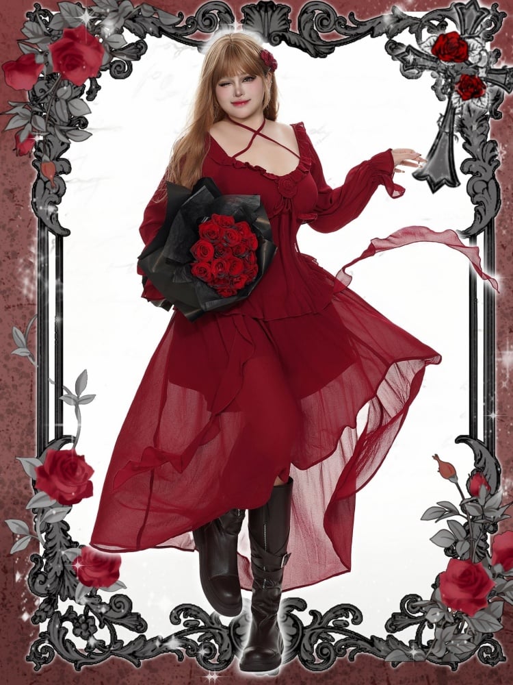 Plus Size Rosette Rotes Neckholder-Asymmetrisches Kleid