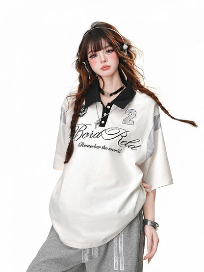 Schwarz/weißes Sport-T-Shirt im Preppy-Stil mit Polokragen