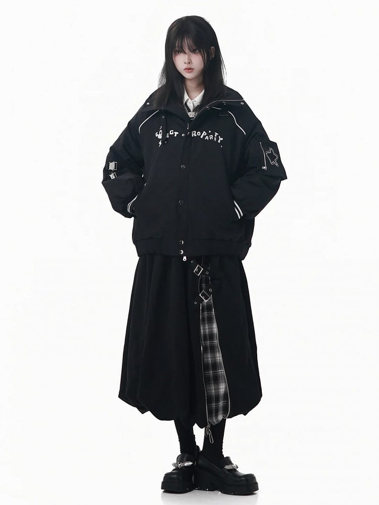 Padded Black Jacket Detail with Banded and Collar Buckle Embroidered