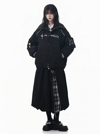 Padded Black Jacket Detail with Banded and Collar Buckle Embroidered